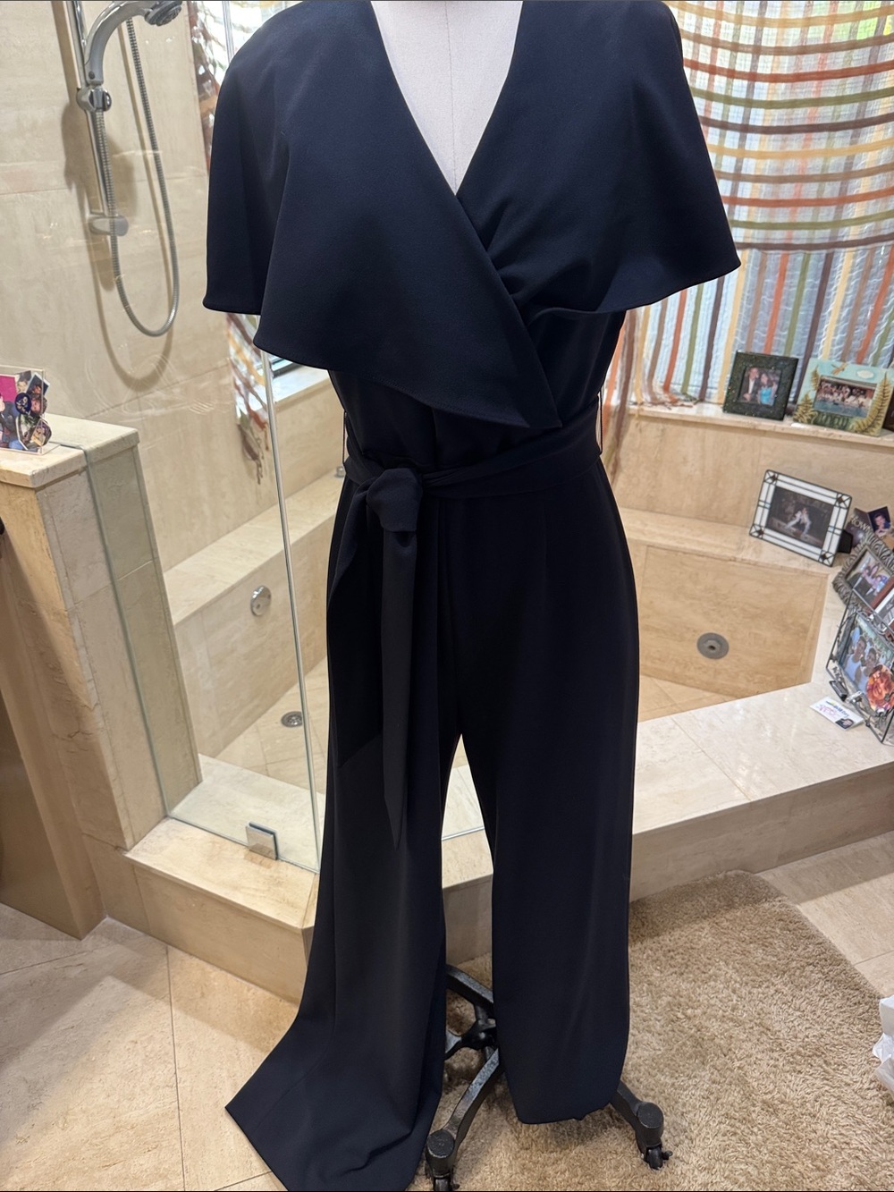 Women's Navy Blue Wrap Front Jumpsuit with Tie Waist